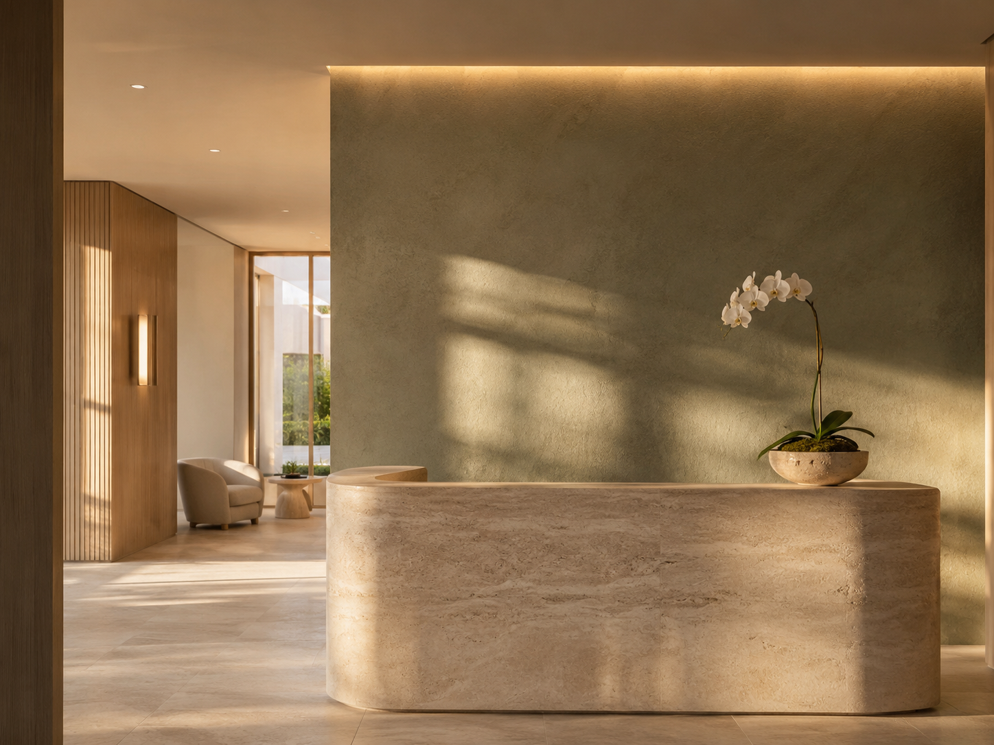 Quiet luxury med-spa reception at golden hour